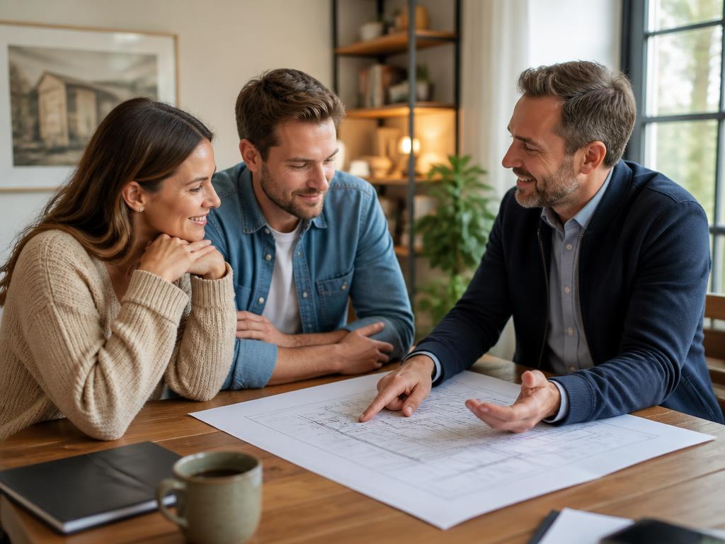 Professionnel échangeant avec un couple autour des plans de leur future maison