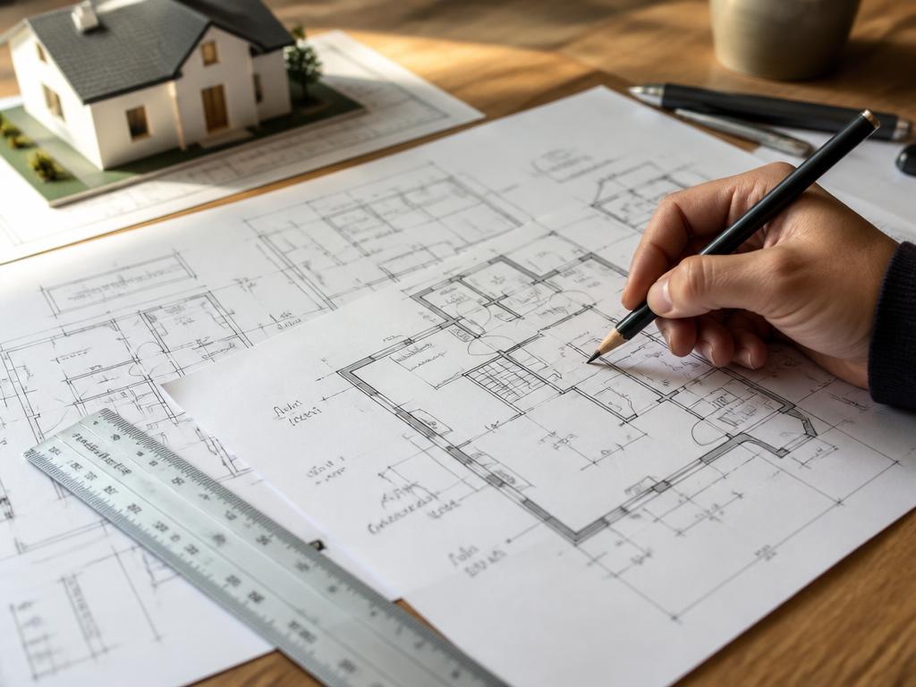 Plans de maison étalés sur une table, une main y apporte des modifications au crayon