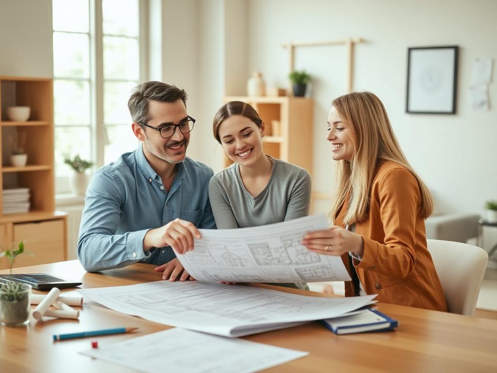 Professionnel étudiant un projet de maison avec un couple autour des plans