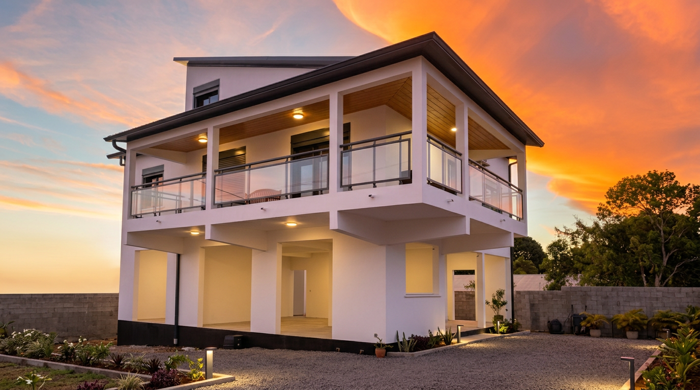 Villa contemporaine à étage au coucher du soleil, réalisée à La Réunion par KAZ KONFORT PLUS