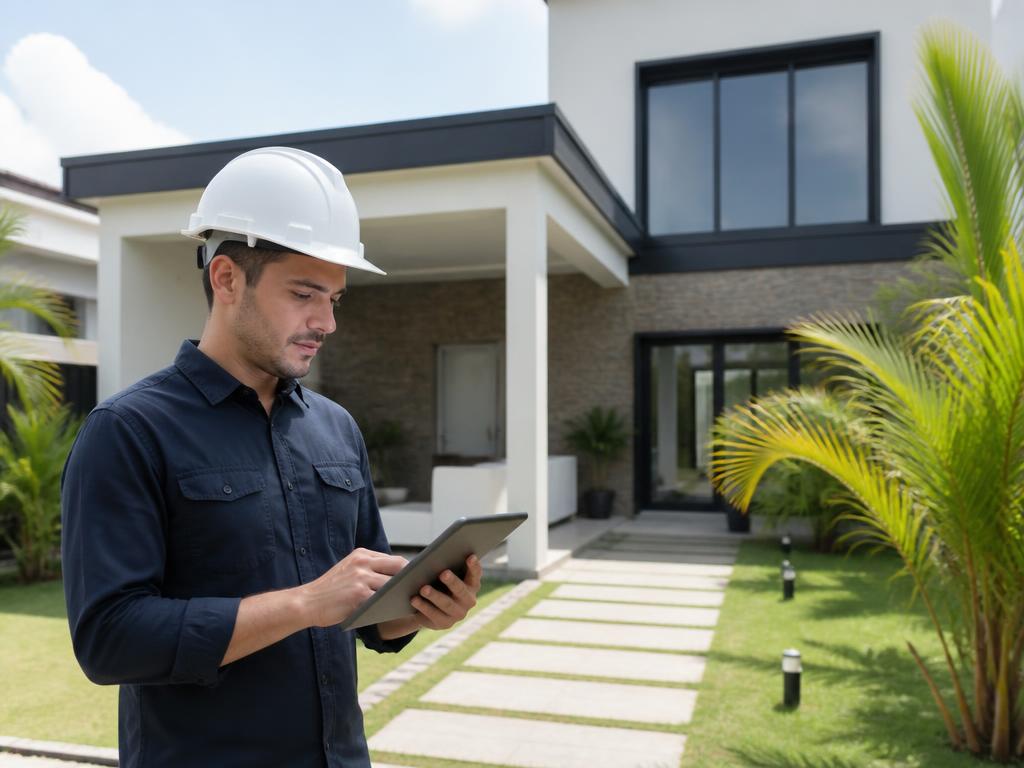 Conducteur de travaux contrôlant l'avancement devant une maison presque achevée