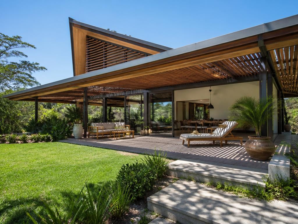 Maison moderne avec varangue, débords de toiture et brise-soleil créant de l'ombre