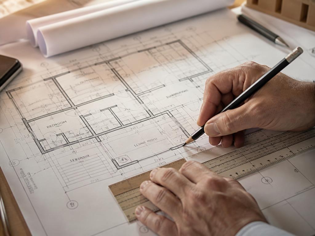 Dessinateur travaillant au crayon sur le plan détaillé d'une maison