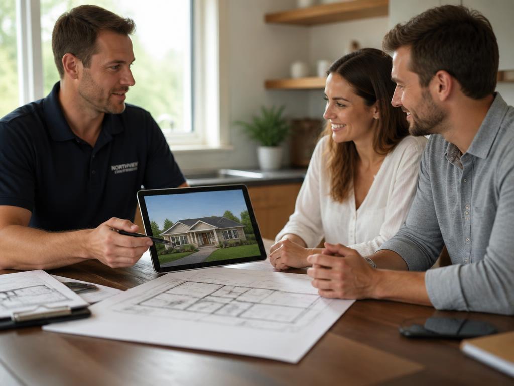 Professionnel présentant les plans de leur future maison à un couple