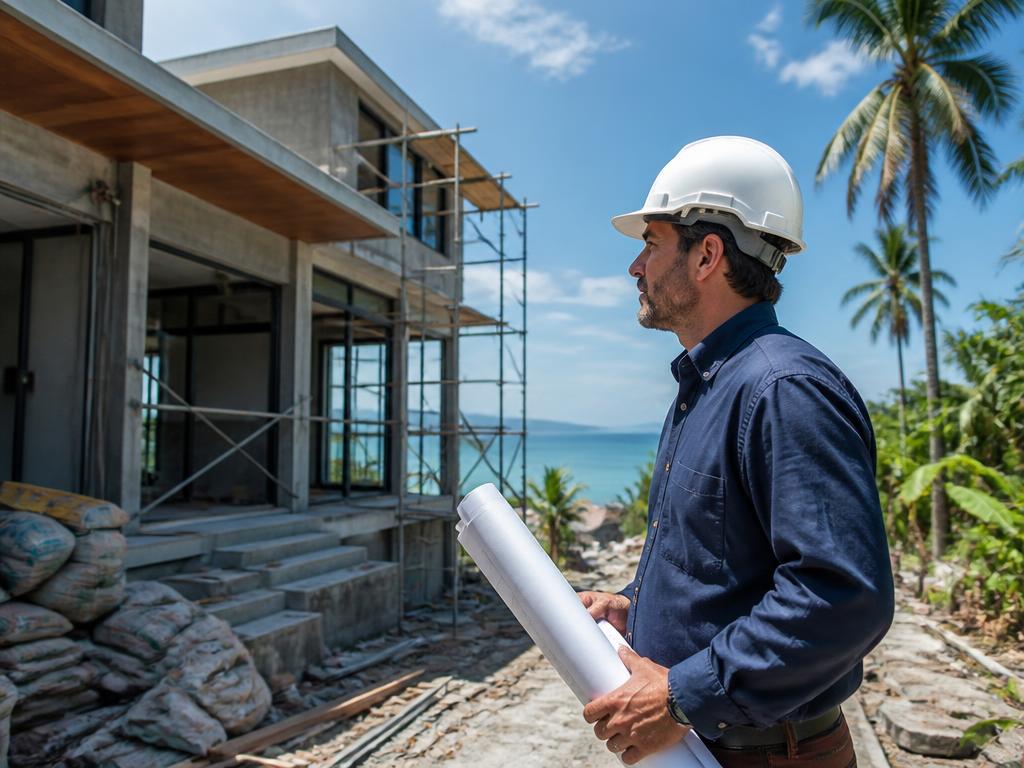 Professionnel expérimenté avec casque et plans inspectant une maison en construction